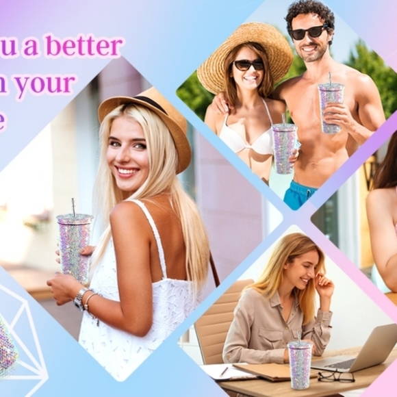 Diamond Studded Bling 26oz Tumbler w/ Stainless Steel Straw & Brush - Picture 9 of 9